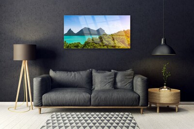 Plexiglas® Wall Art Mountains sea trees landscape grey blue green