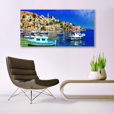 Plexiglas® Wall Art Boats city sea landscape blue white brown green