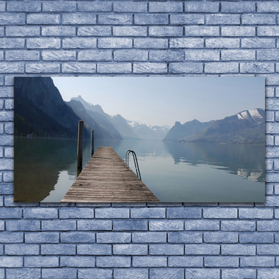 Plexiglas® Wall Art Mountains lake bridge architecture grey green brown