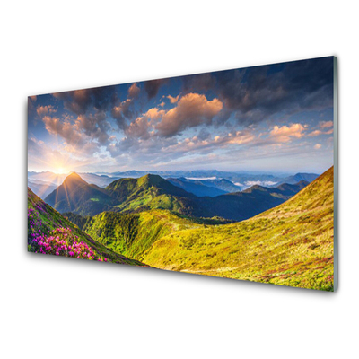 Plexiglas® Wall Art Mountain sun meadow landscape yellow grey blue green