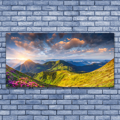 Plexiglas® Wall Art Mountain sun meadow landscape yellow grey blue green