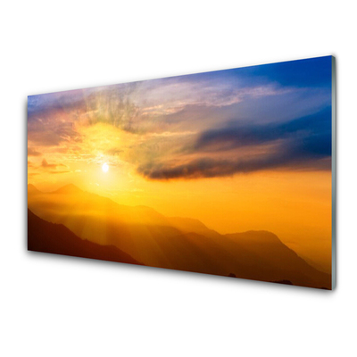 Plexiglas® Wall Art Mountain sun landscape brown yellow blue
