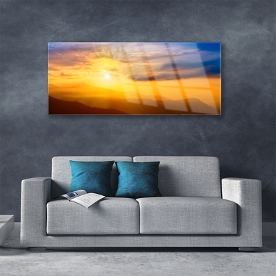 Plexiglas® Wall Art Mountain sun landscape brown yellow blue