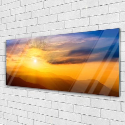 Plexiglas® Wall Art Mountain sun landscape brown yellow blue