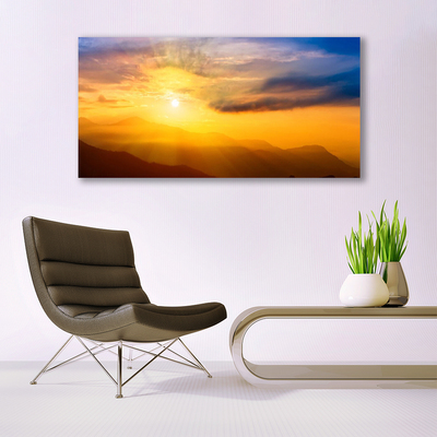 Plexiglas® Wall Art Mountain sun landscape brown yellow blue