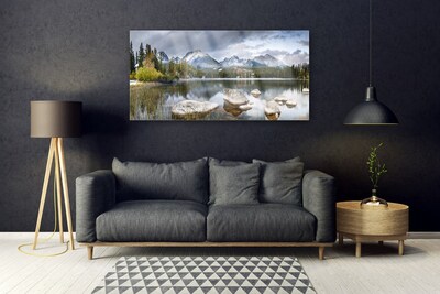 Plexiglas® Wall Art Mountain forest lake landscape grey brown green