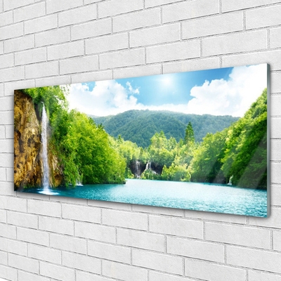 Plexiglas® Wall Art Mountain forest lake landscape brown green blue