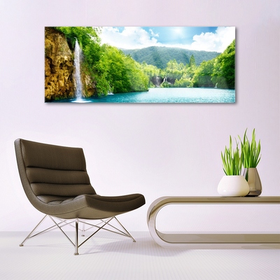 Plexiglas® Wall Art Mountain forest lake landscape brown green blue