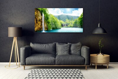 Plexiglas® Wall Art Mountain forest lake landscape brown green blue