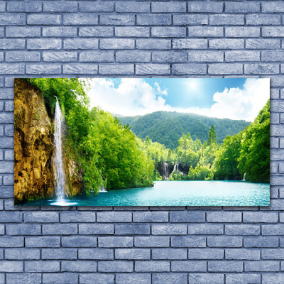 Plexiglas® Wall Art Mountain forest lake landscape brown green blue