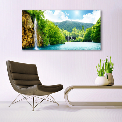 Plexiglas® Wall Art Mountain forest lake landscape brown green blue