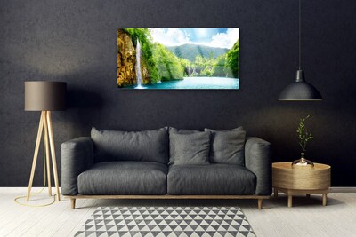 Plexiglas® Wall Art Mountain forest lake landscape brown green blue