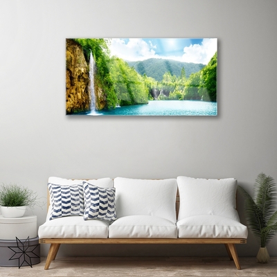 Plexiglas® Wall Art Mountain forest lake landscape brown green blue