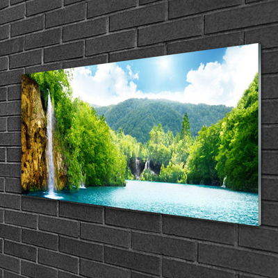 Plexiglas® Wall Art Mountain forest lake landscape brown green blue