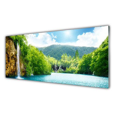 Plexiglas® Wall Art Mountain forest lake landscape brown green blue