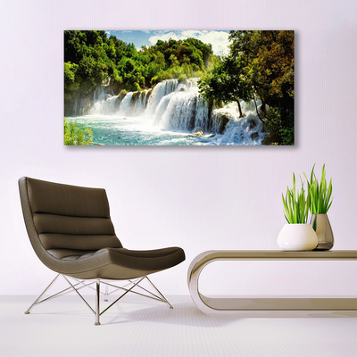 Plexiglas® Wall Art Waterfall trees nature brown green white blue