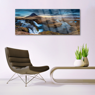 Plexiglas® Wall Art Mountains waterfall lake landscape blue grey green white