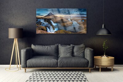 Plexiglas® Wall Art Mountains waterfall lake landscape blue grey green white