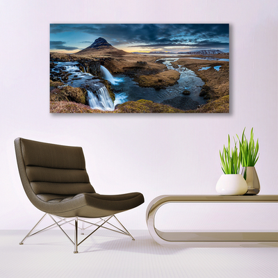 Plexiglas® Wall Art Mountains waterfall lake landscape blue grey green white