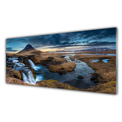 Plexiglas® Wall Art Mountains waterfall lake landscape blue grey green white