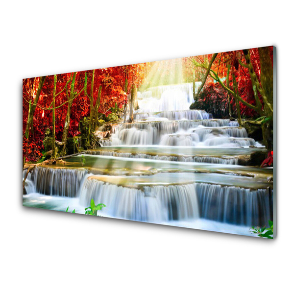 Plexiglas® Wall Art Waterfall forest nature green orange blue white