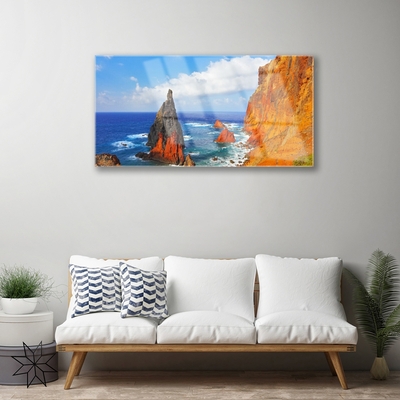 Plexiglas® Wall Art Rock sea landscape yellow grey brown blue