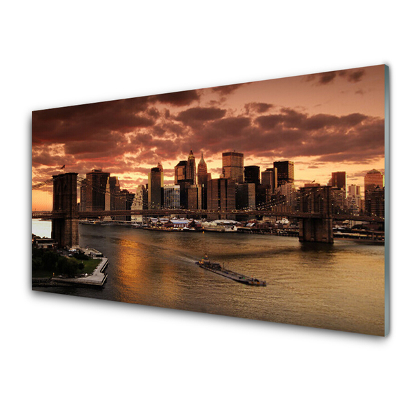 Plexiglas® Wall Art Bridge city houses grey brown yellow