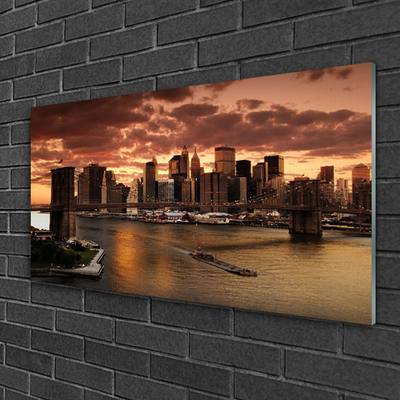 Plexiglas® Wall Art Bridge city houses grey brown yellow