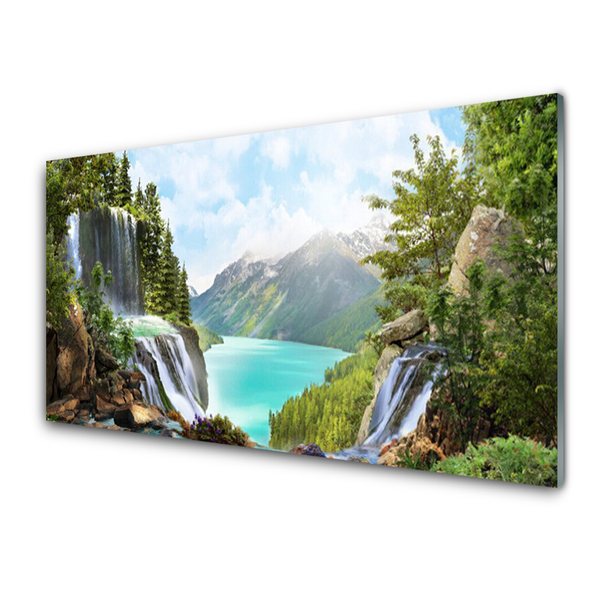 Plexiglas® Wall Art Mountain bay waterfall nature grey blue green brown