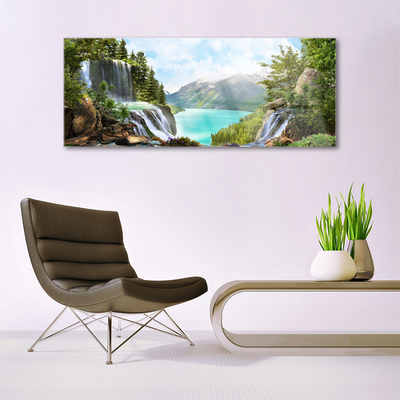 Plexiglas® Wall Art Mountain bay waterfall nature grey blue green brown