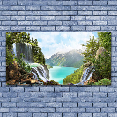 Plexiglas® Wall Art Mountain bay waterfall nature grey blue green brown