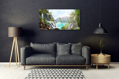 Plexiglas® Wall Art Mountain bay waterfall nature grey blue green brown