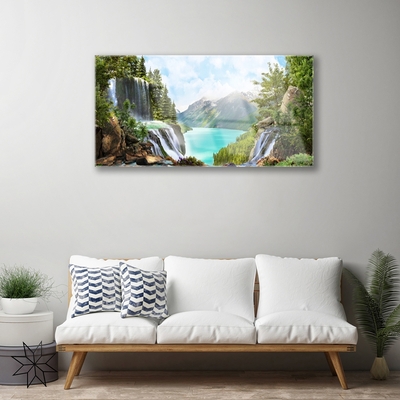 Plexiglas® Wall Art Mountain bay waterfall nature grey blue green brown