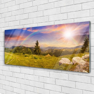 Plexiglas® Wall Art Sun mountains meadow stones nature yellow green brown