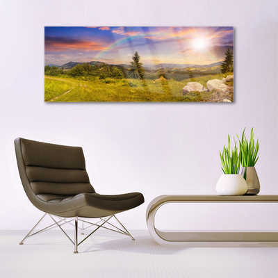 Plexiglas® Wall Art Sun mountains meadow stones nature yellow green brown