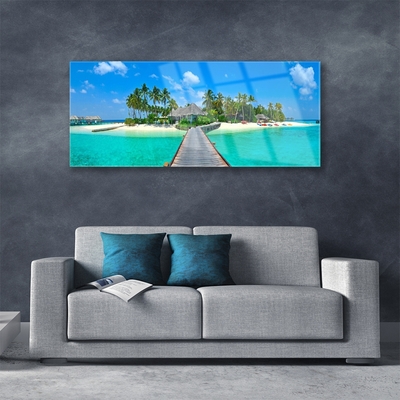 Plexiglas® Wall Art Beach palm trees bridge sea architecture brown green grey blue