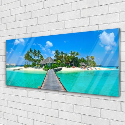 Plexiglas® Wall Art Beach palm trees bridge sea architecture brown green grey blue