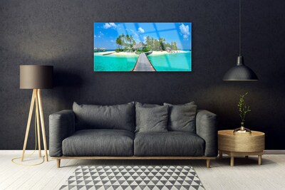 Plexiglas® Wall Art Beach palm trees bridge sea architecture brown green grey blue