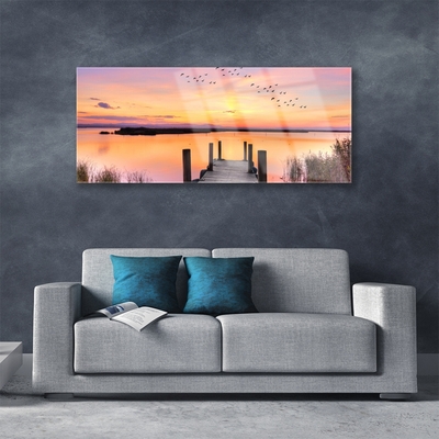 Plexiglas® Wall Art Sea bridge landscape yellow pink grey