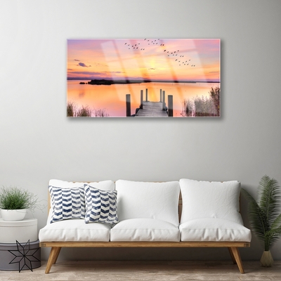 Plexiglas® Wall Art Sea bridge landscape yellow pink grey