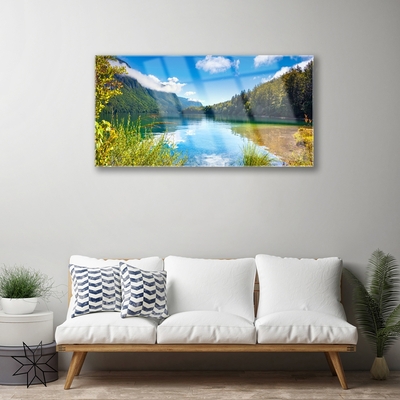 Plexiglas® Wall Art Mountain forest lake nature green blue