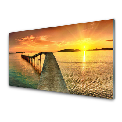 Plexiglas® Wall Art Sun sea bridge landscape yellow grey