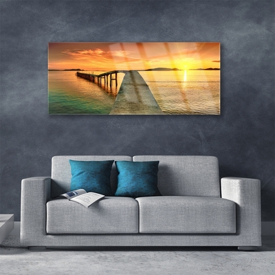 Plexiglas® Wall Art Sun sea bridge landscape yellow grey