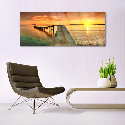 Plexiglas® Wall Art Sun sea bridge landscape yellow grey