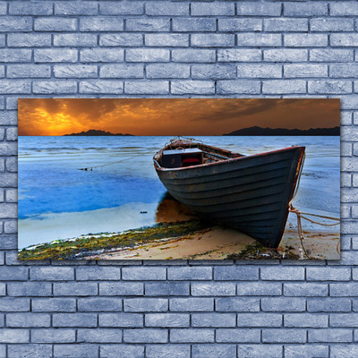 Plexiglas® Wall Art Beach boat sea landscape green brown grey blue