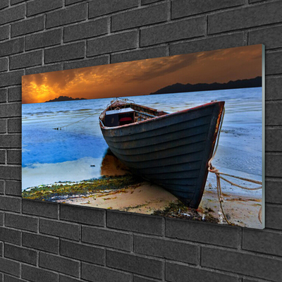 Plexiglas® Wall Art Beach boat sea landscape green brown grey blue