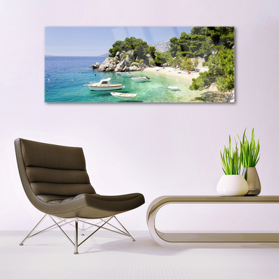 Plexiglas® Wall Art Sea boat beach rocks landscape blue white green grey