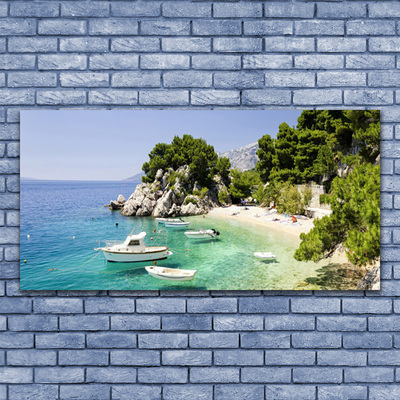 Plexiglas® Wall Art Sea boat beach rocks landscape blue white green grey