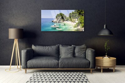 Plexiglas® Wall Art Sea boat beach rocks landscape blue white green grey