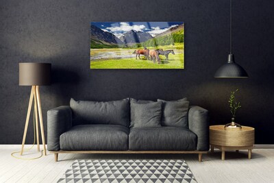Plexiglas® Wall Art Mountain trees horses animals grey green brown black